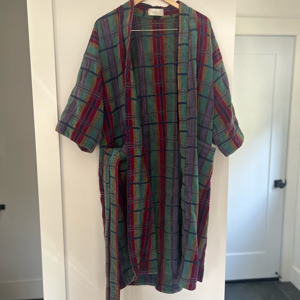 Vintage Protocol Multicolor Plaid Robe, Green, Red, Purple, Mustard - Terrycloth